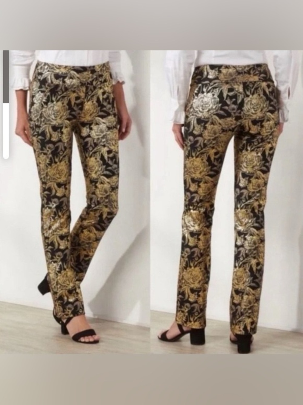 Soft Surroundings Moonstruck Metallic Gold Floral Pants Large cocktail holiday